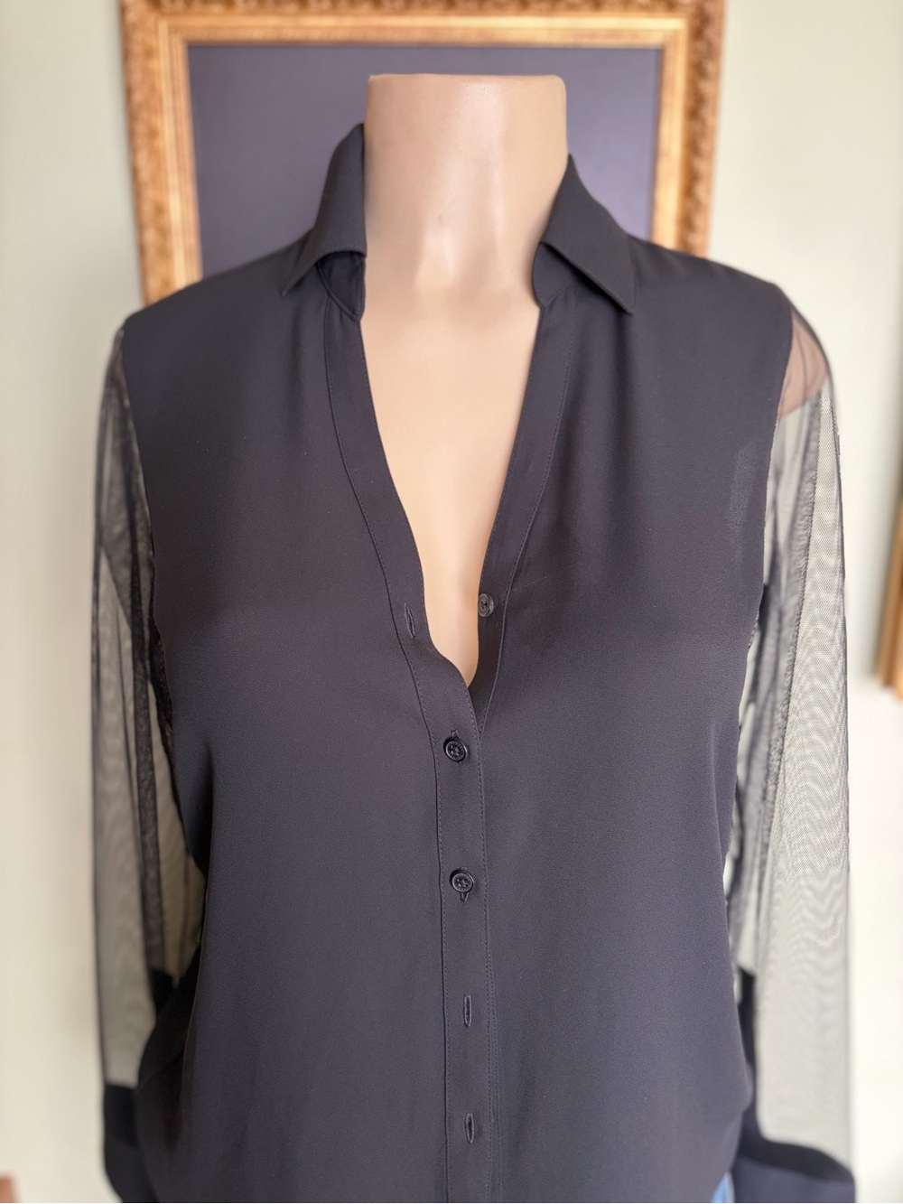 Express Black Portofino Button-Down Top with Sheer Sleeves Size XS Slim-Flit - Picture 3 of 15